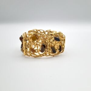 Vintage Gold Tone Tiger Eye Panel Link Bracelet Filigree Wide